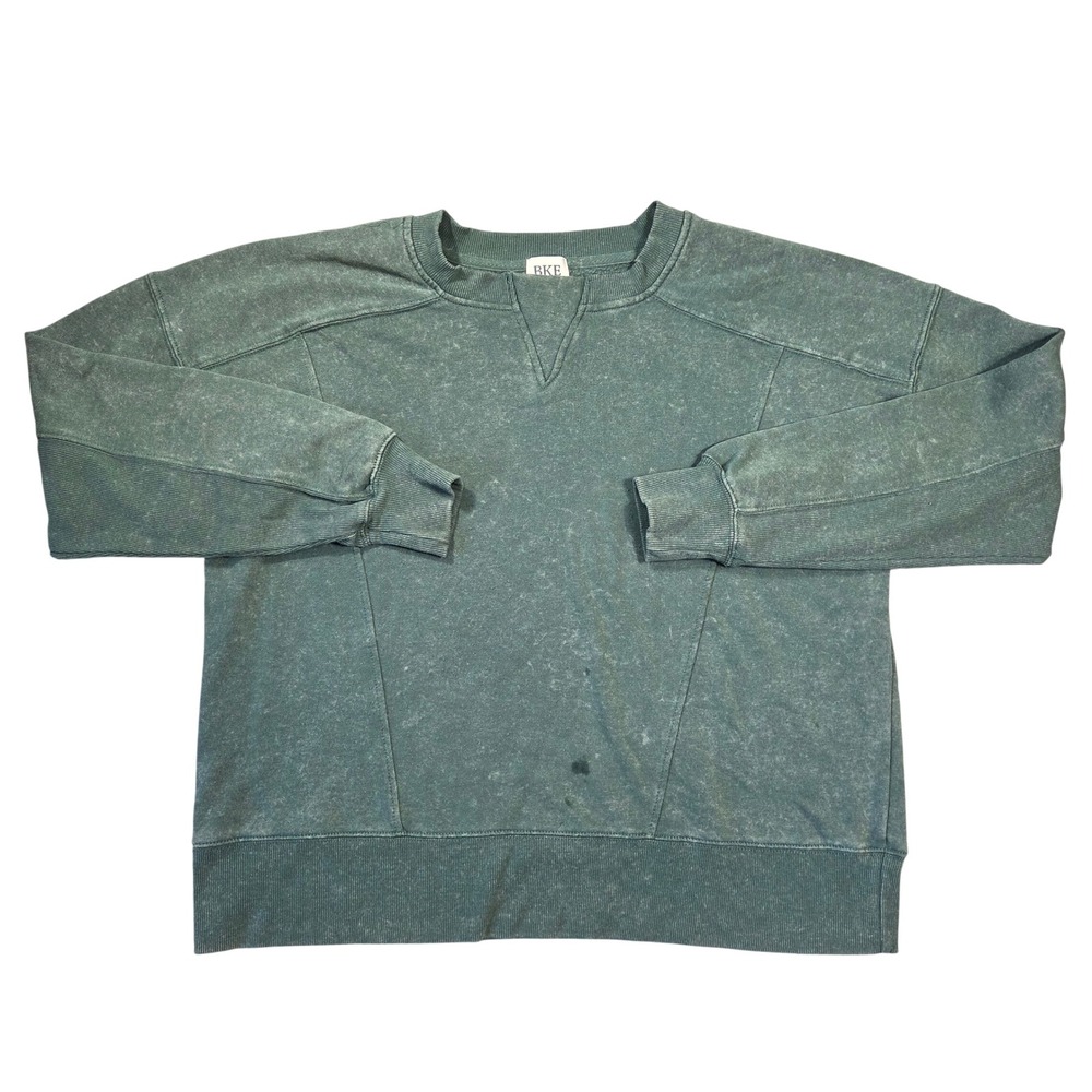 BKE Womens Green Mineral Wash Notched Crewneck Pullover Sweatshirt Large Boho